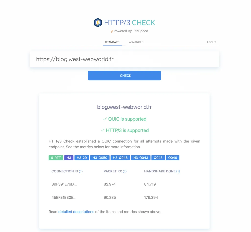 Test HTTP/3 du blog West-WebWorld sur http3check.net